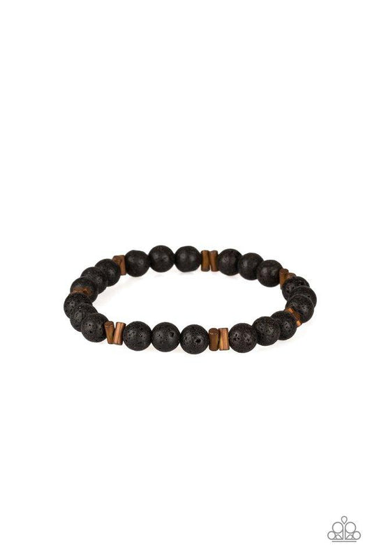 An earthy collection of coppery accents and black lava beads are threaded along a stretchy band around the wrist for a seasonal look.  Sold as one individual bracelet.
