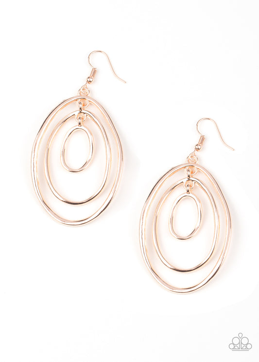 A trio of imperfect rose gold ovals link into a rippling lure for a dizzying look. Earring attaches to a standard fishhook fitting.  Sold as one pair of earrings.