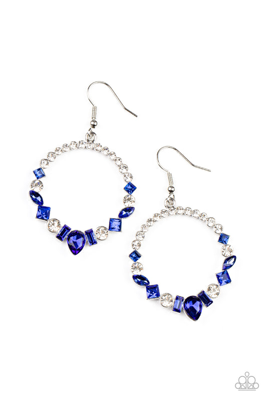 The bottom of a white rhinestone encrusted silver hoop is dotted in an intermix of classic white rhinestones and marquise and square cut blue gems, resulting in a glamorous hoop. Earring attaches to a standard fishhook fitting.  Sold as one pair of earrings.