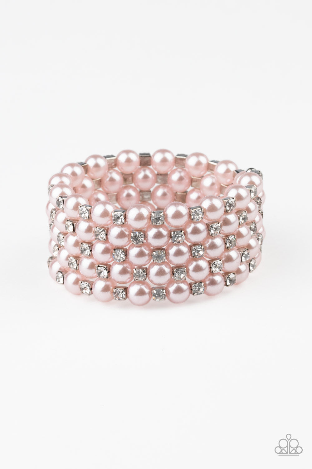 Bubbly pink pearls and classic white rhinestone encrusted silver frames are threaded along a coiled wire, creating a timeless infinity wrap style bracelet.  Sold as one individual bracelet.
