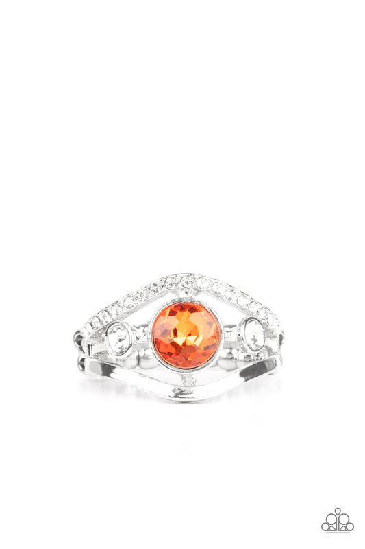 A white rhinestone encrusted band and glistening silver band wave around a radiating orange and white rhinestone center for a refined look. Features a dainty stretchy band for a flexible fit.  Sold as one individual ring.