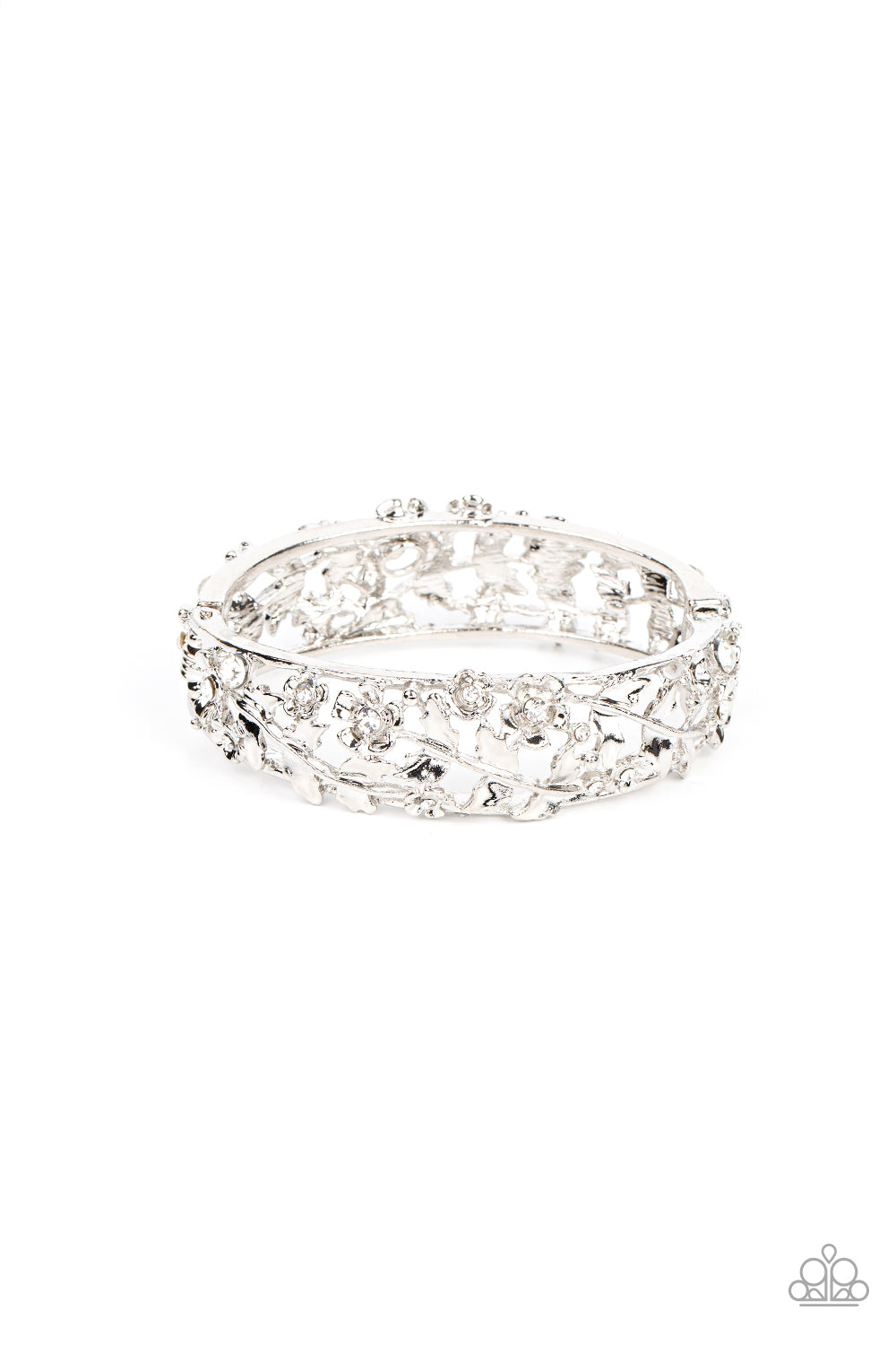 Dotted with dainty white rhinestone centers, flowering leafy silver vines bloom into two oversized silver frames that delicately hinge into a versatile bangle-like bracelet. Features a hinged closure.  Sold as one individual bracelet.