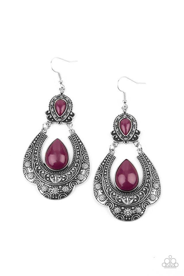 Dotted with Magenta Purple teardrop beads, two mismatched silver frames with studded and embossed floral inspired textures delicately link into a colorful lure. Earring attaches to a standard fishhook fitting.  Sold as one pair of earrings.