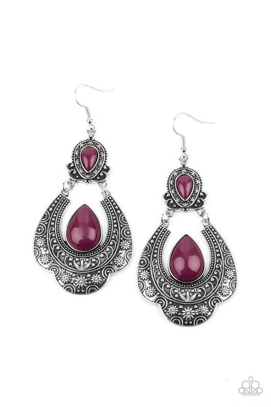 Dotted with Magenta Purple teardrop beads, two mismatched silver frames with studded and embossed floral inspired textures delicately link into a colorful lure. Earring attaches to a standard fishhook fitting.  Sold as one pair of earrings.