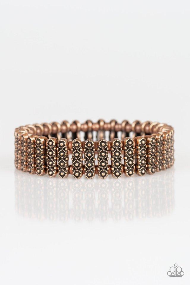 Dainty copper beads and stacked copper frames radiating with sunburst patterns are threaded along stretchy bands around the wrist for a whimsical look.

Sold as one individual bracelet.