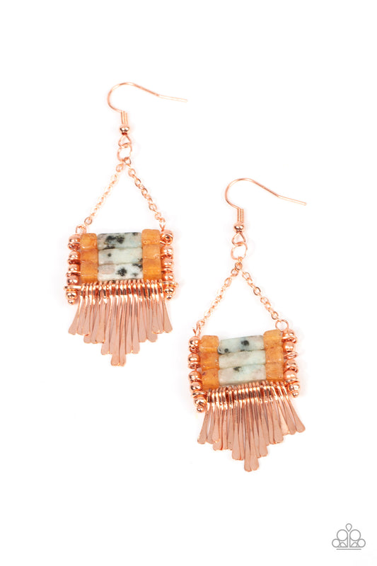 Flared shiny copper rods swing from the bottom of a stacked row of natural and speckled stones, resulting in an earthy chandelier. Earring attaches to a standard fishhook fitting.  Sold as one pair of earrings.