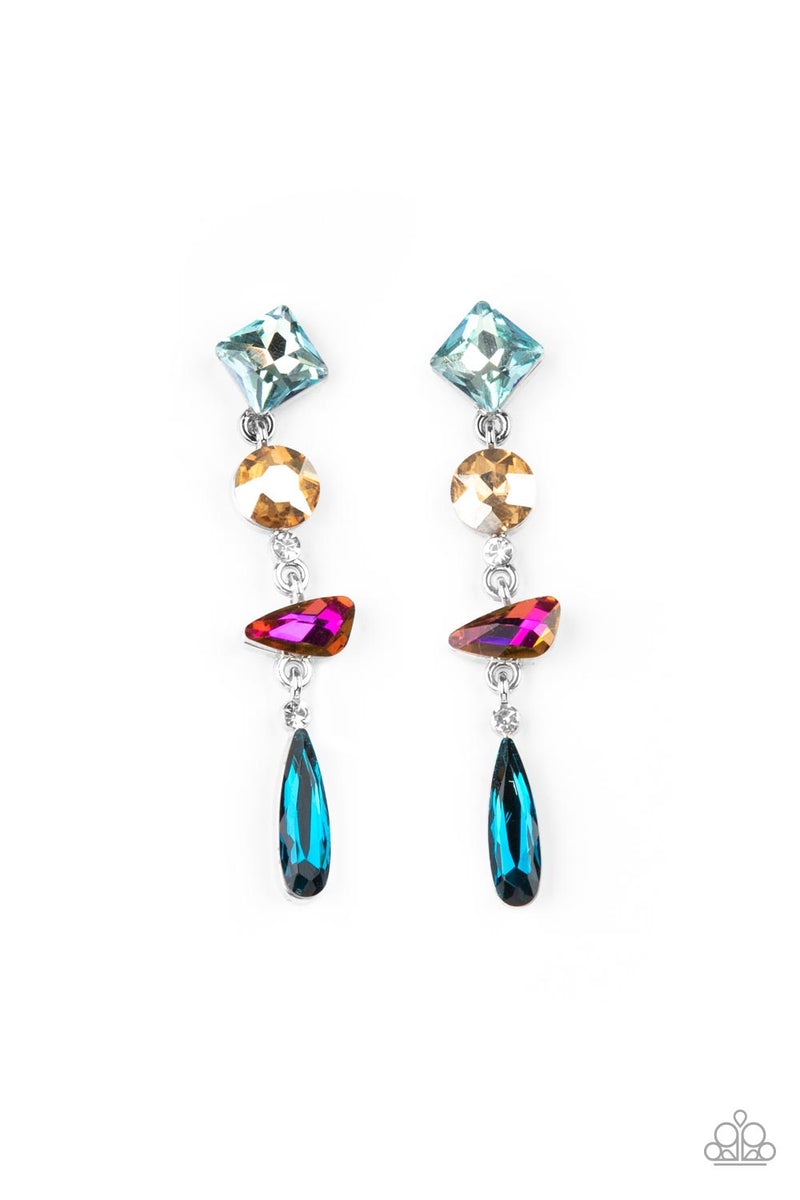 A mismatched collection of colorfully iridescent and brilliantly sparkling gems are linked together in elegant succession as they fall glamorously from the ear. Earring attaches to a standard post fitting.  Sold as one pair of post earrings
