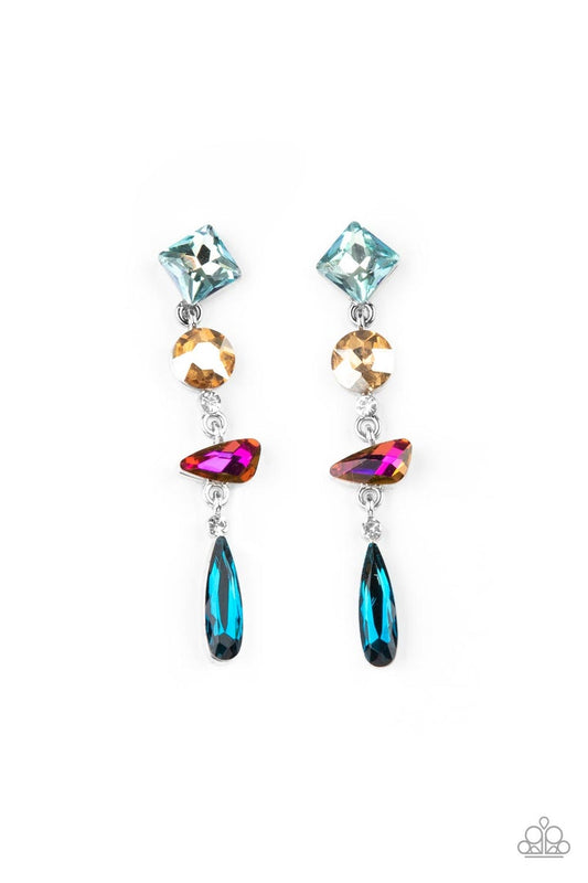 A mismatched collection of colorfully iridescent and brilliantly sparkling gems are linked together in elegant succession as they fall glamorously from the ear. Earring attaches to a standard post fitting.  Sold as one pair of post earrings