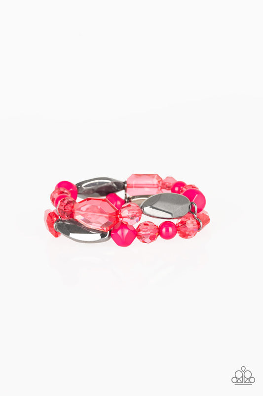 Mismatched gunmetal, polished pink, and crystal-like beads are threaded along interlocking stretchy bands for a whimsical look.

Sold as one individual bracelet.