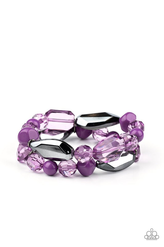 Mismatched gunmetal, polished purple, and crystal-like beads are threaded along interlocking stretchy bands for a whimsical look.

Sold as one individual bracelet.