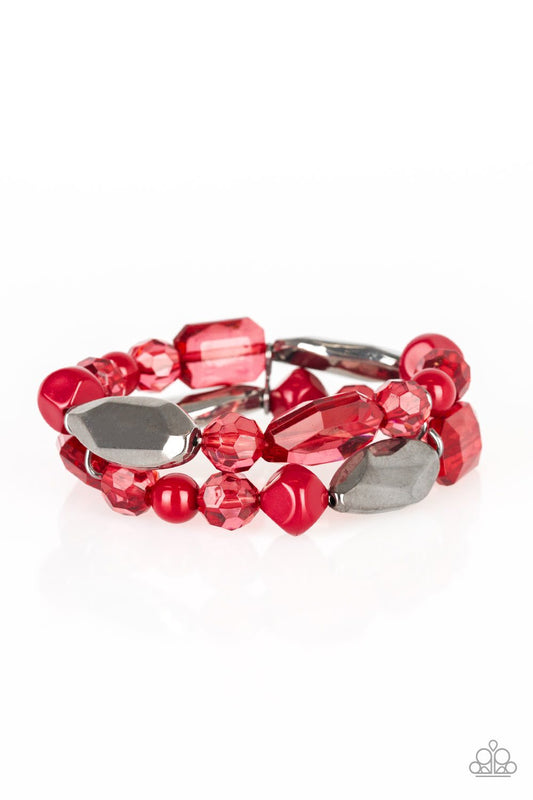 Mismatched gunmetal, polished red, and crystal-like beads are threaded along interlocking stretchy bands for a whimsical look.

Sold as one individual bracelet.