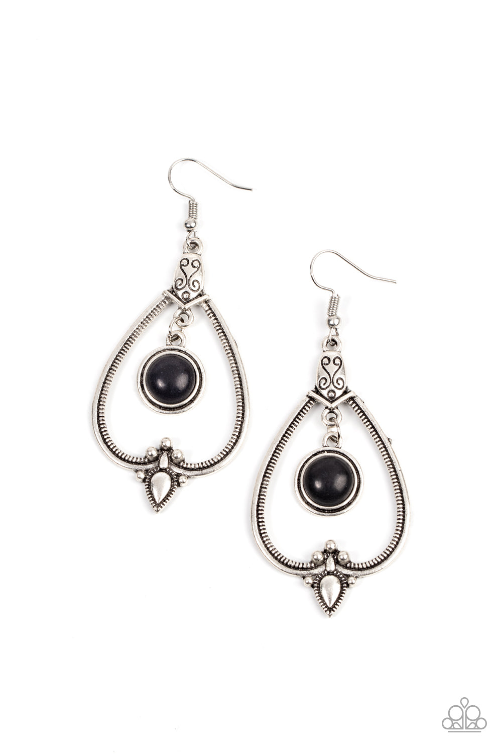 An earthy black stone frame swings from the top of an ornately studded and textured silver teardrop frame, resulting in an earthy lure. Earring attaches to a standard fishhook fitting.  Sold as one pair of earrings.