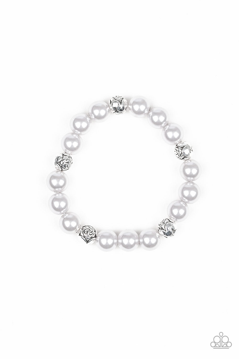 A collection of pearly silver beads and floral silver beads are threaded along an elastic band around the wrist for a refined fashion.

Sold as one individual bracelet.