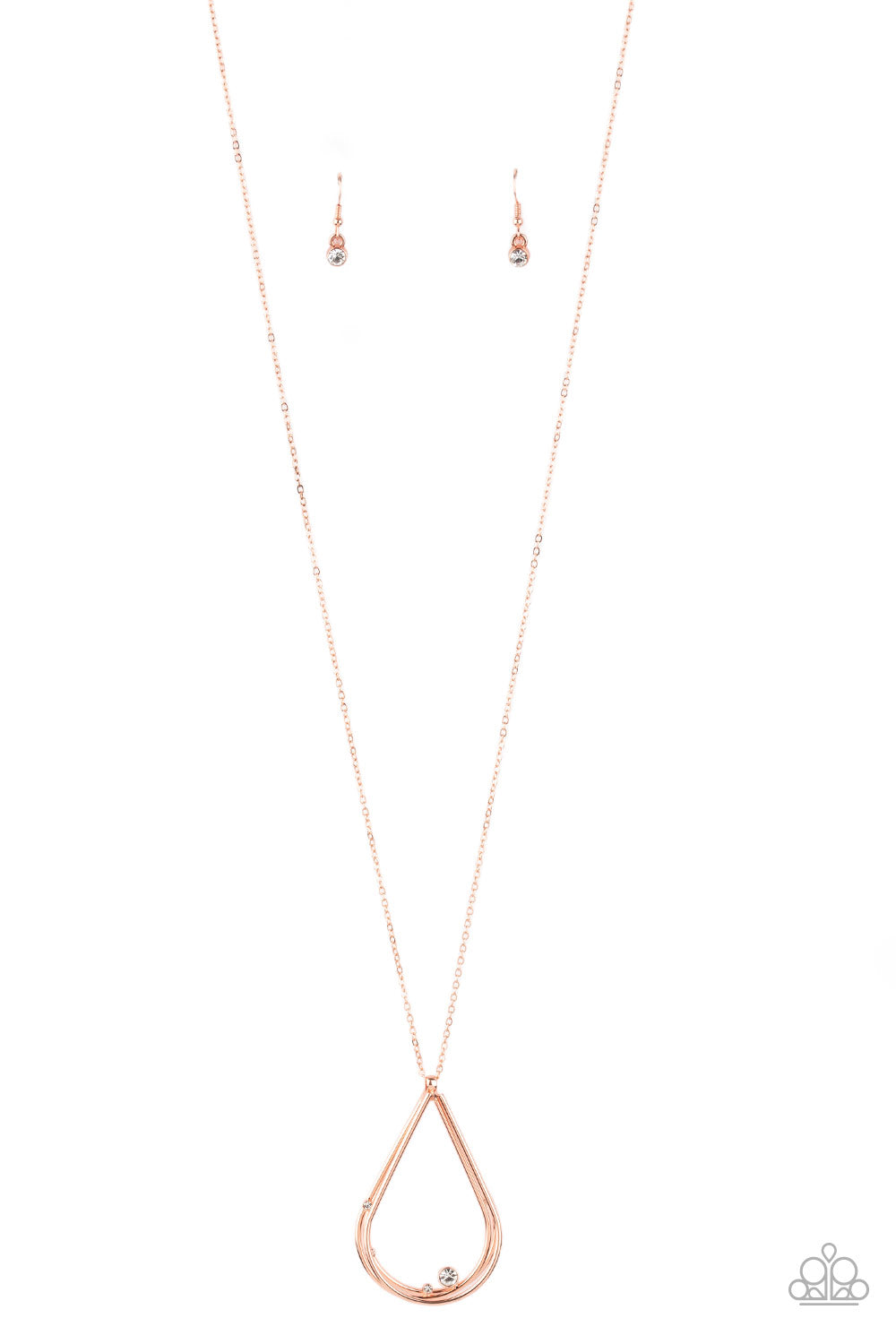 Dainty white rhinestones collect at the bottom of a triple stacked shiny copper teardrop, creating an elegantly refined pendant at the bottom of a lengthened shiny copper chain. Features an adjustable clasp closure.  Sold as one individual necklace. Includes one pair of matching earrings.
