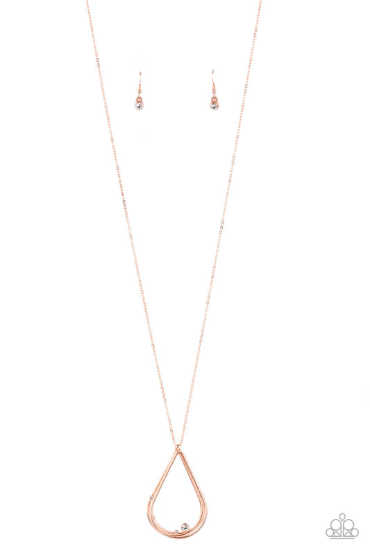 Dainty white rhinestones collect at the bottom of a triple stacked shiny copper teardrop, creating an elegantly refined pendant at the bottom of a lengthened shiny copper chain. Features an adjustable clasp closure.  Sold as one individual necklace. Includes one pair of matching earrings.