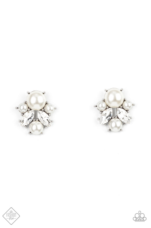 Featuring shiny silver fittings, a royal collection of bubbly pearls and glassy marquise cut white rhinestones delicately cluster into an elegant frame. Earring attaches to a standard post fitting.  Sold as one pair of post earrings.