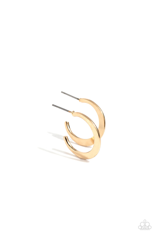 A deceptively simple hoop of gold smoothly curves around the ear. The flattened surface of the hoop catches the light, emitting radiant shimmer from the crescent-shaped curves. Earring attaches to a standard post fitting. Hoop measures approximately 3/4" in diameter.  Sold as one pair of hoop earrings.