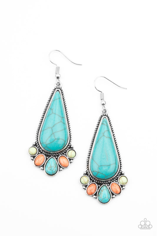 A dainty collection of round, oval, and teardrop multicolored stones fan out from the bottom of an oversized teardrop turquoise frame for a simple seasonal flair. Earring attaches to a standard fishhook fitting.  Sold as one pair of earrings.