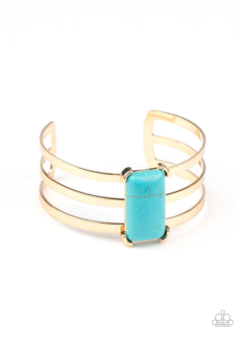 Chiseled into a sleek rectangle, a refreshing turquoise stone is pressed into the center of a gold layered cuff for a seasonal flair.  Sold as one individual bracelet.