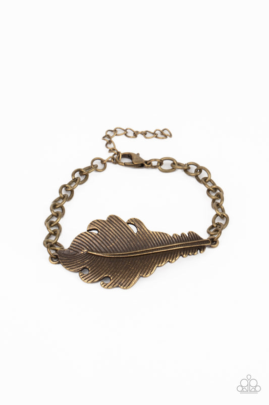 Etched and embossed in lifelike detail, a rustic brass feather centerpiece attaches to an antiqued brass chain around the wrist. Features an adjustable clasp closure.

Sold as one individual bracelet.