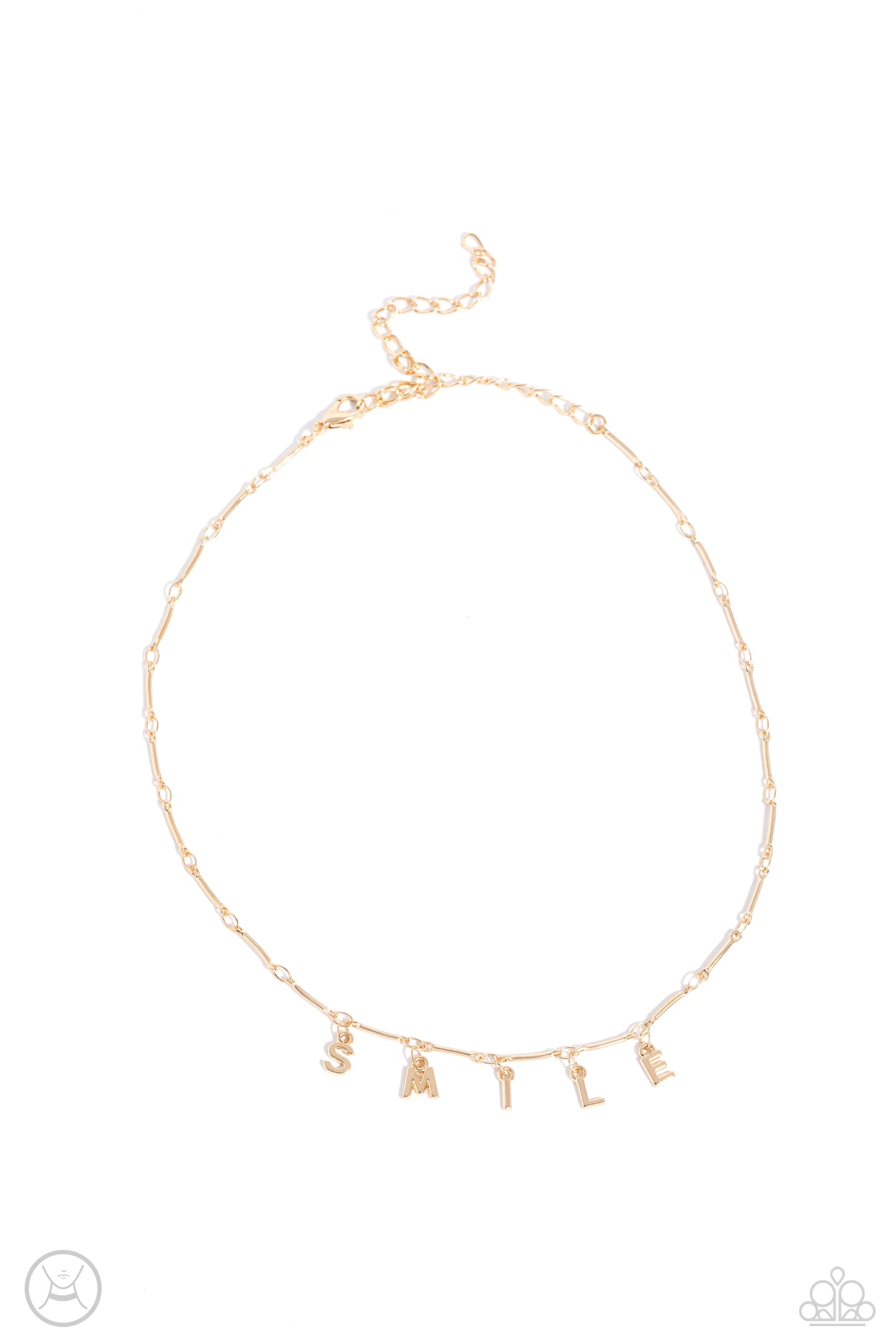Separated by dainty gold rods, gold letters spell out the word SMILE in a soft, and simple manner. Features an adjustable clasp closure.  Sold as one individual choker necklace. Includes one pair of matching earrings.