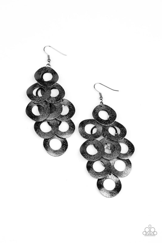Delicately hammered in light-catching shimmer, rows of curved gunmetal hoops delicately overlap into a noise-making lure. Earring attaches to a standard fishhook fitting.  Sold as one pair of earrings.