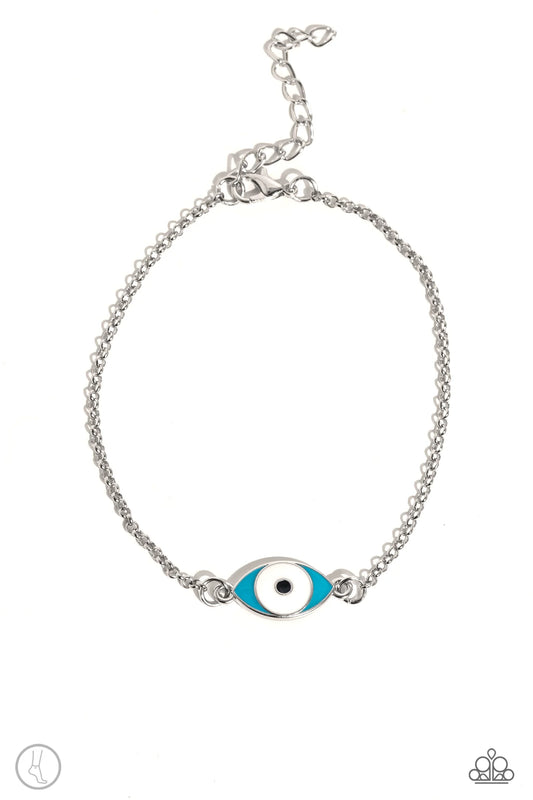 Featuring a glassy eye-like design, a shimmery silver charm with accents of blue, white, and black attaches to a dainty silver chain around the ankle for a summery look. Features an adjustable clasp closure.  Sold as one individual anklet.