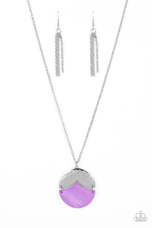 Featuring a scalloped cut, a hammered silver frame sits atop a matching cut Very Peri shell-like frame, creating a summery pendant at the bottom of an extended silver chain. Features an adjustable clasp closure.  Sold as one individual necklace. Includes one pair of silver fringe earrings.