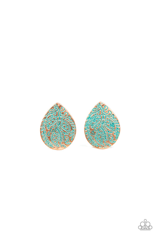 Featuring a refreshing patina finish, a leafy pattern is stamped across the front of a copper teardrop frame for a seasonal look. Earring attaches to a standard post fitting.  Sold as one pair of post earrings.