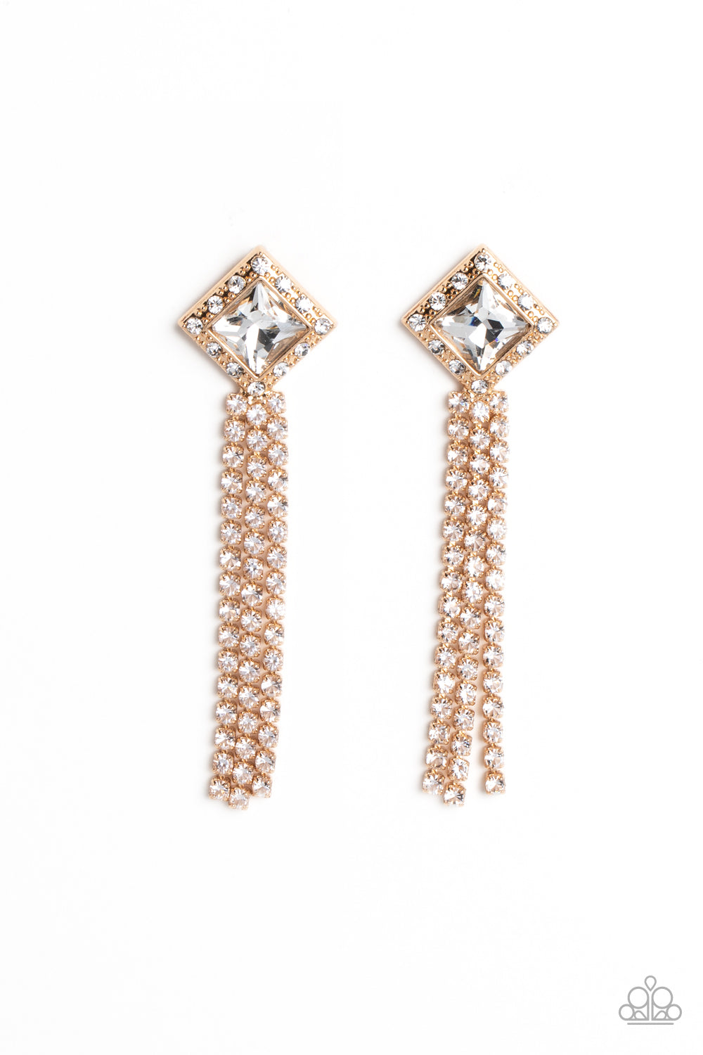 A brilliant, square-cut white rhinestone is bordered by tiny sparkling accents and tilted on a point against a gold backdrop, creating a dramatic anchoring point from which streams of glittery, square-cut rhinestones cascade from the ear in a glitzy finish. Earring attaches to a standard post fitting.  Sold as one pair of post earrings.