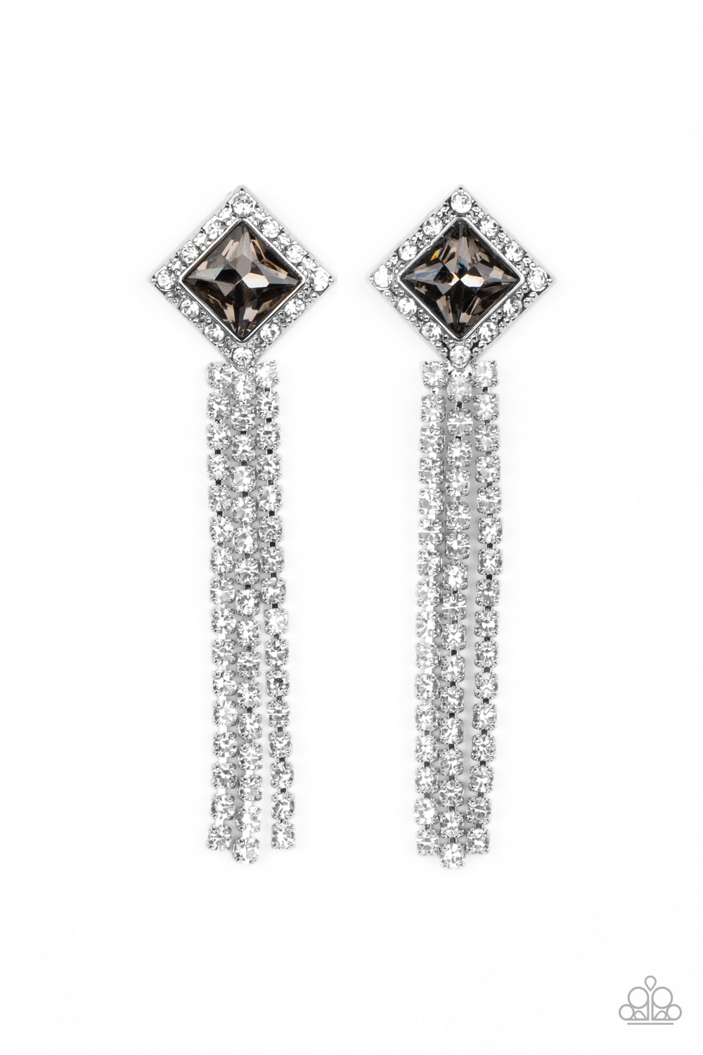 A smoky, square-cut rhinestone is bordered by tiny sparkling white accents and tilted on a point, creating a dramatic anchoring point from which streams of glittery, square-cut rhinestones cascade from the ear in a glitzy finish. Earring attaches to a standard post fitting.  Sold as one pair of post earrings.