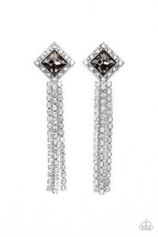 A smoky, square-cut rhinestone is bordered by tiny sparkling white accents and tilted on a point, creating a dramatic anchoring point from which streams of glittery, square-cut rhinestones cascade from the ear in a glitzy finish. Earring attaches to a standard post fitting.  Sold as one pair of post earrings.