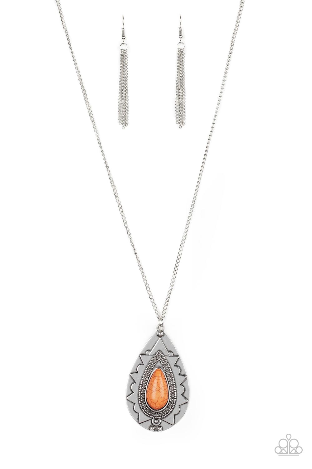 Chiseled into a tranquil teardrop, a vivacious orange stone is pressed into an ornate silver frame. The whimsical pendant swings from the bottom of a lengthened silver chain for a seasonal look. Features an adjustable clasp closure.  Sold as one individual necklace. Includes one pair of silver fringe earrings.