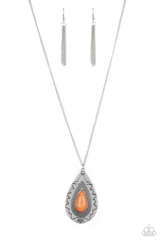 Chiseled into a tranquil teardrop, a vivacious orange stone is pressed into an ornate silver frame. The whimsical pendant swings from the bottom of a lengthened silver chain for a seasonal look. Features an adjustable clasp closure.  Sold as one individual necklace. Includes one pair of silver fringe earrings.