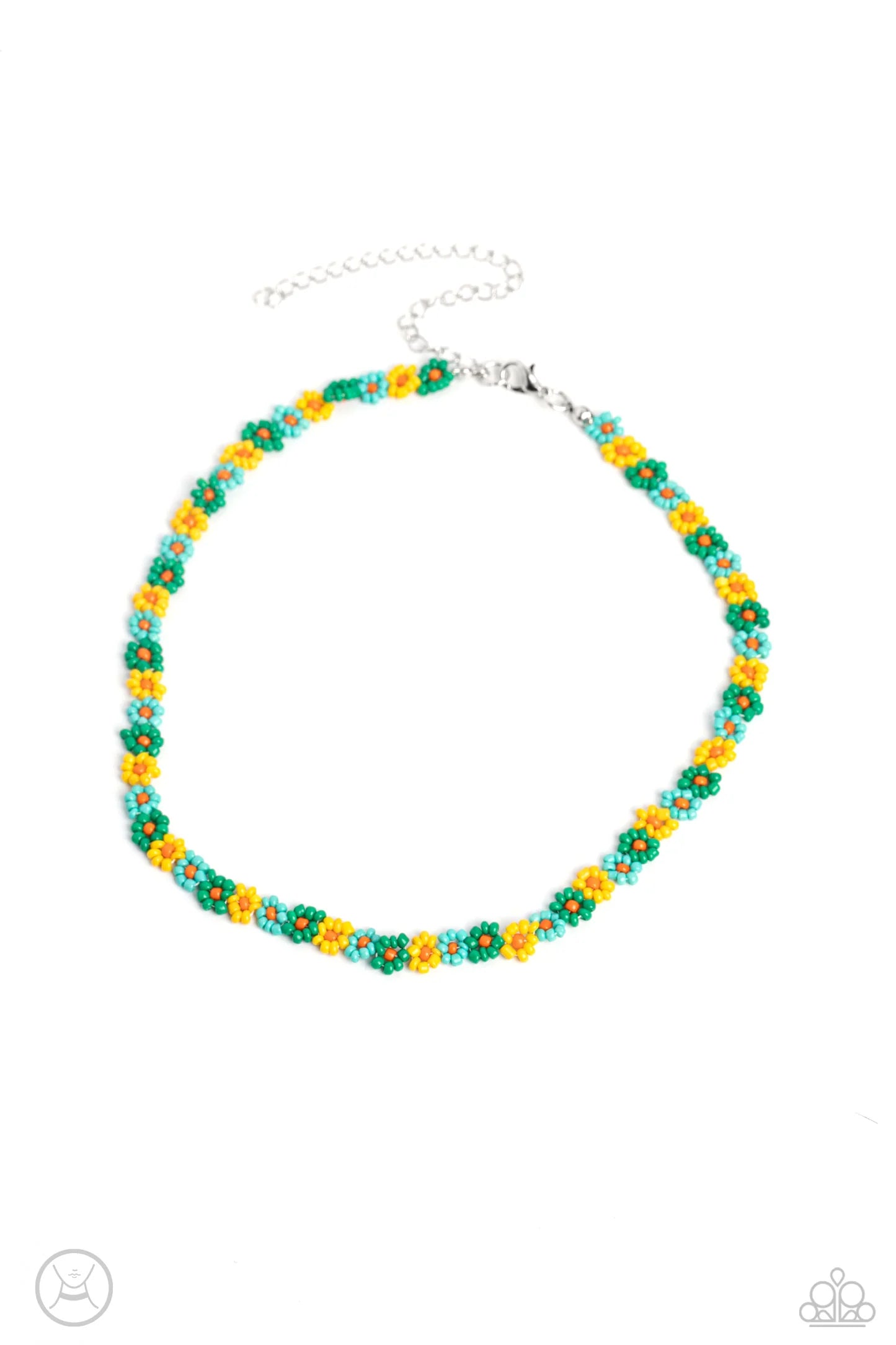 Threaded along an invisible wire along the collar, a lavish collection of seed bead petals in shades of green, Tiffany blue, and yellow bloom around orange seed bead centers for a fanciful floral collection. Features an adjustable clasp closure.  Sold as one individual choker necklace. Includes one pair of matching earrings.