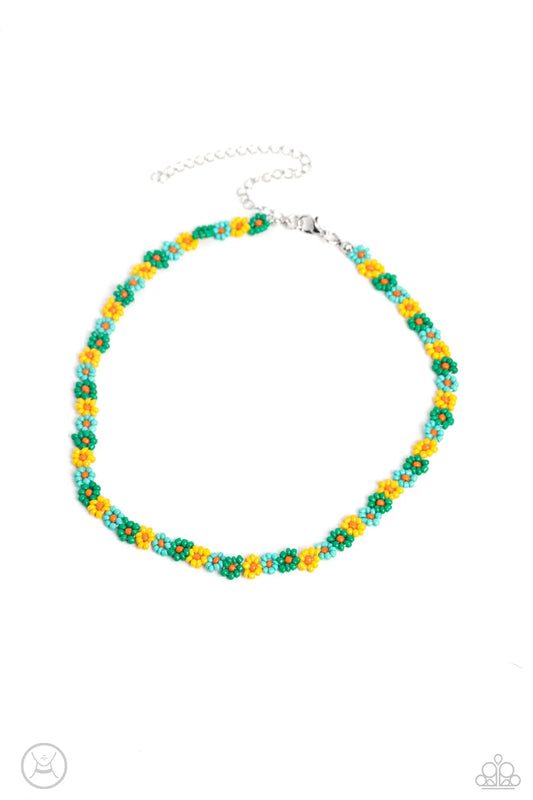 Threaded along an invisible wire along the collar, a lavish collection of seed bead petals in shades of green, Tiffany blue, and yellow bloom around orange seed bead centers for a fanciful floral collection. Features an adjustable clasp closure.  Sold as one individual choker necklace. Includes one pair of matching earrings.