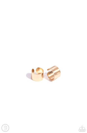 Featuring a high sheen, a thick bar of gold curves around the ear to create a monochromatic, adjustable, one-size-fits-all cuff.  Sold as one pair of cuff earrings.