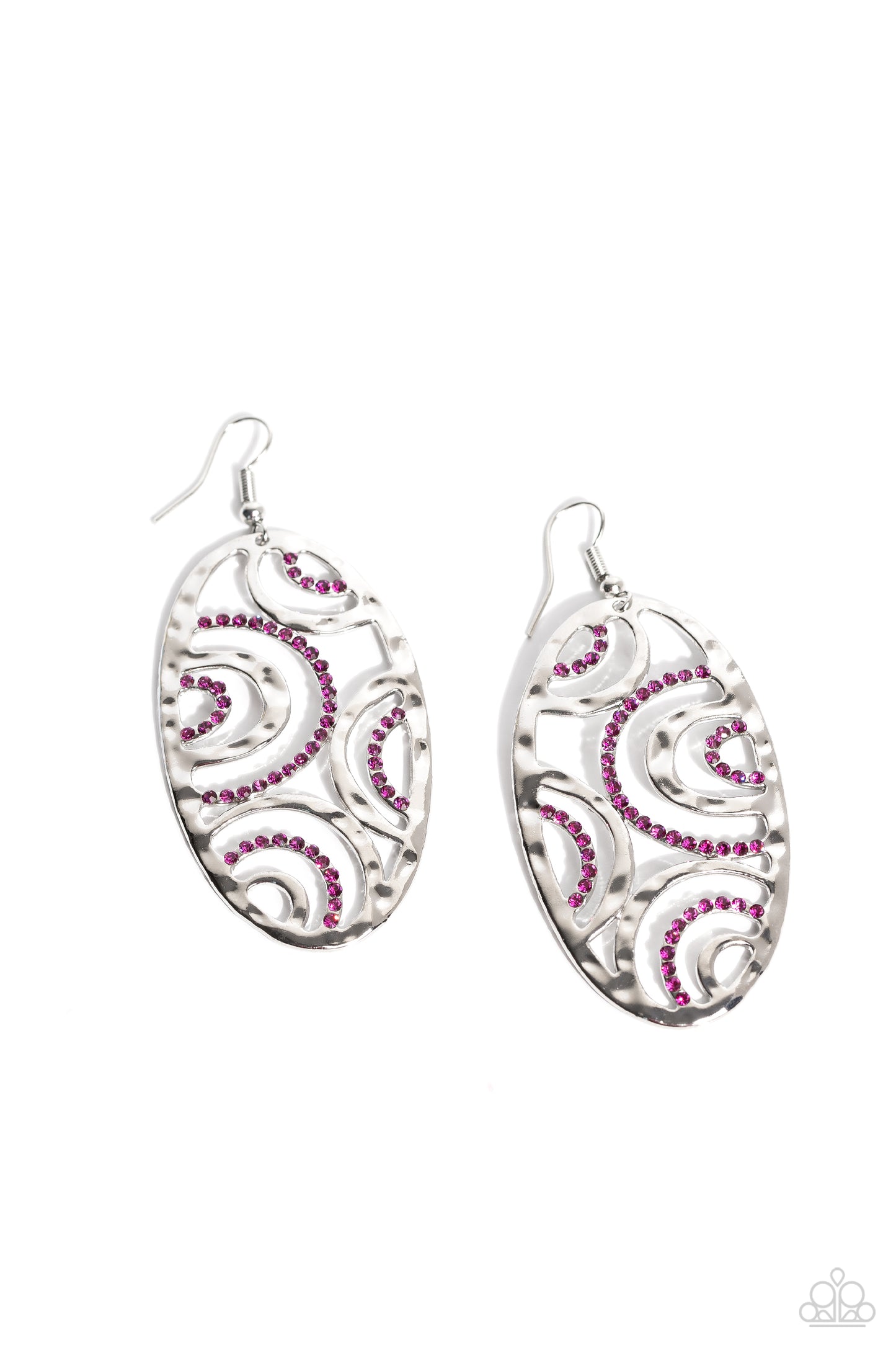 Hammered silver bars and ribbons of dazzling pink rhinestones curve and ripple into an abstract circular design, creating a dazing dazzle. Earring attaches to a standard fishhook fitting.  Sold as one pair of earrings.