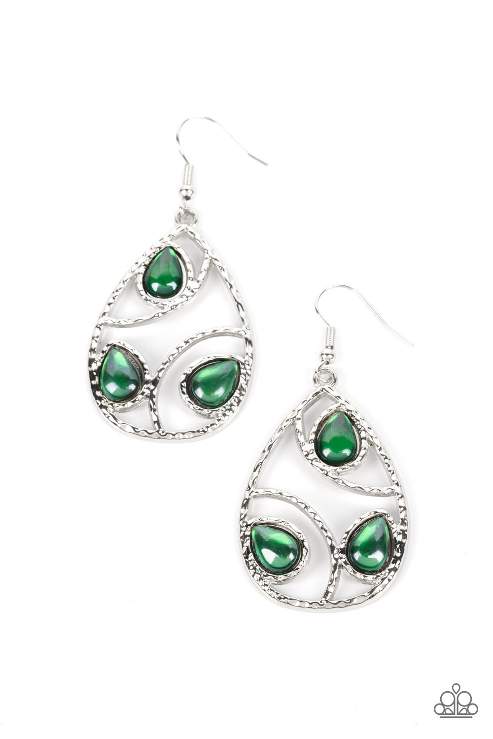Featuring a glassy finish, glimmering light siam teardrop beads adorn the center of an airy silver teardrop frame. Hammered in shimmer, arcing silver bars curve inside the frame for an abstract finish. Earring attaches to a standard fishhook fitting.  Sold as one pair of earrings.