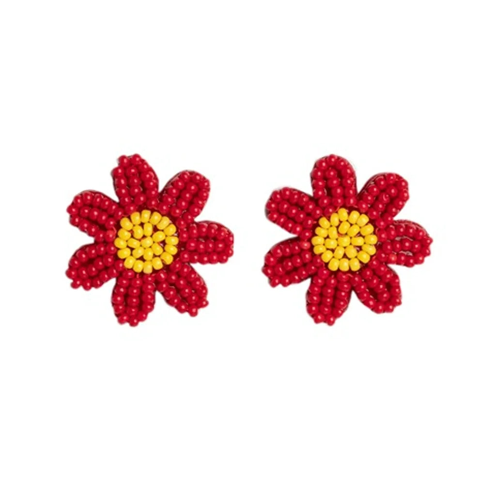 Layers of red seed bead petals fan out from a yellow seed bead center, blooming into a textured floral centerpiece. Earring attaches to a standard post fitting.  Sold as one pair of post earrings.