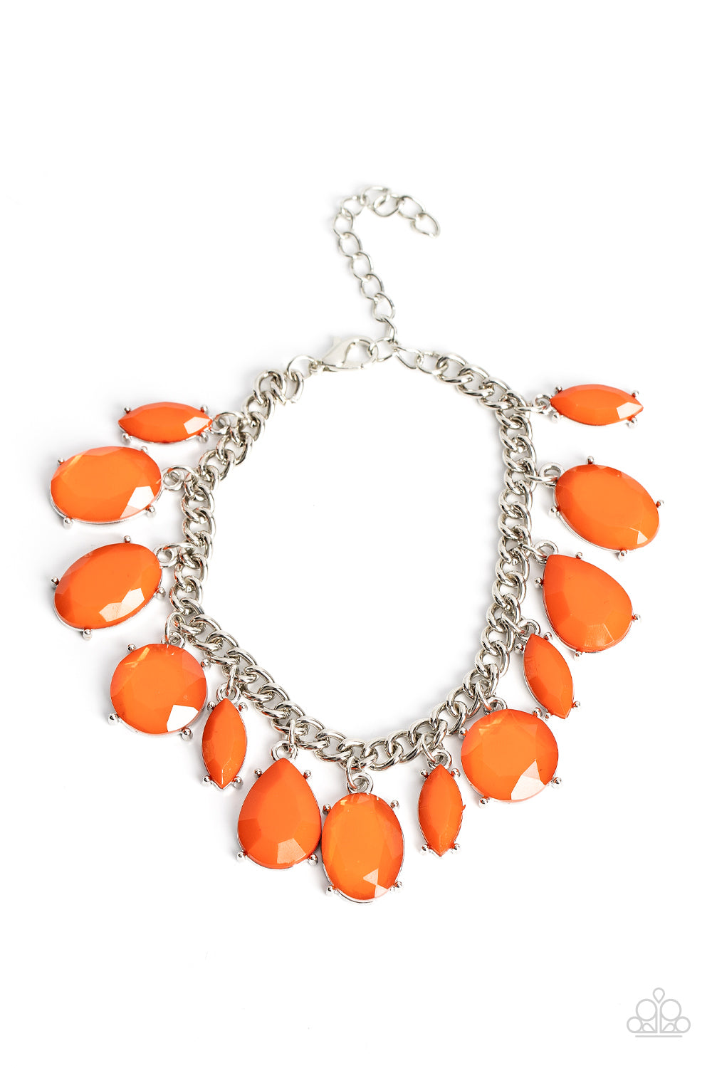 A charming collection of opaque and translucent orange beads swings from a classic silver chain. The faceted beads are a mishmash of shapes and sizes, creating a flirtatious pop of color around the wrist. Features an adjustable clasp closure.  Sold as one individual bracelet.