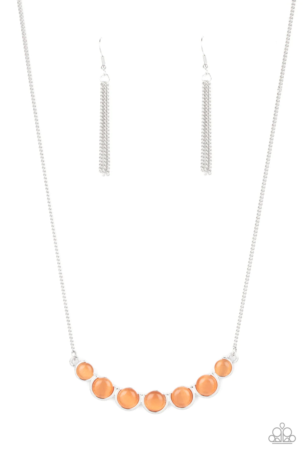 A row of glowing orange cat's eye stones are held in place by a series of interconnected shiny silver frames, creating a whimsically scalloped pendant below the collar. Features an adjustable clasp closure.  Sold as one individual necklace. Includes one pair of silver fringe earrings.