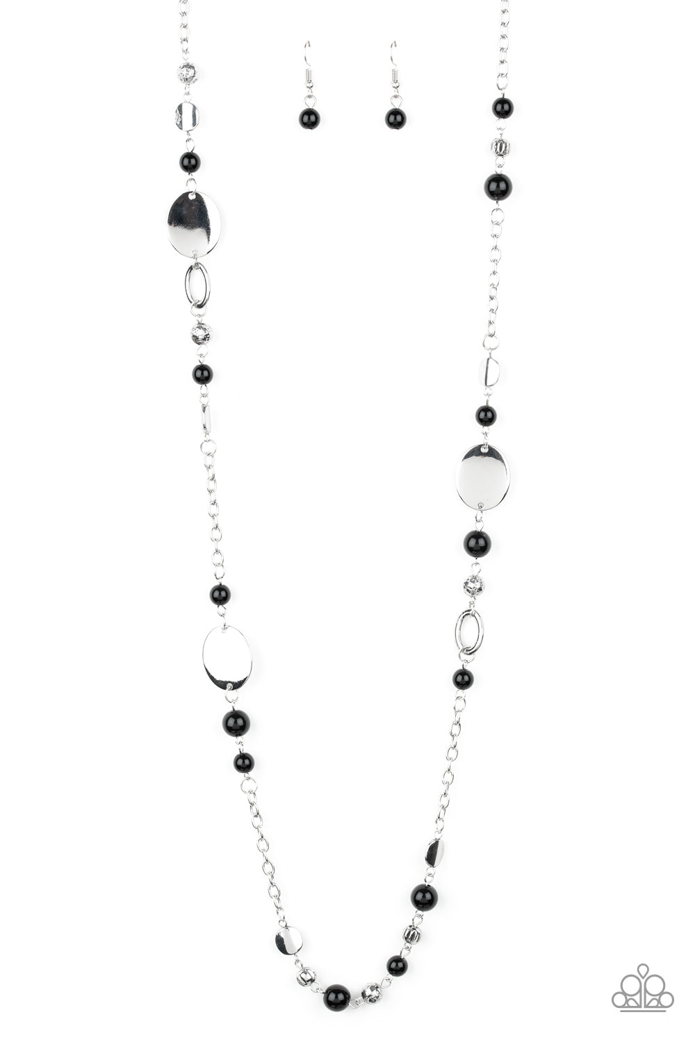 An array of polished black beads, silver discs, and ornate silver accents trickles along a shimmery silver chain for a whimsical look. Features an adjustable clasp closure.  Sold as one individual necklace. Includes one pair of matching earrings.