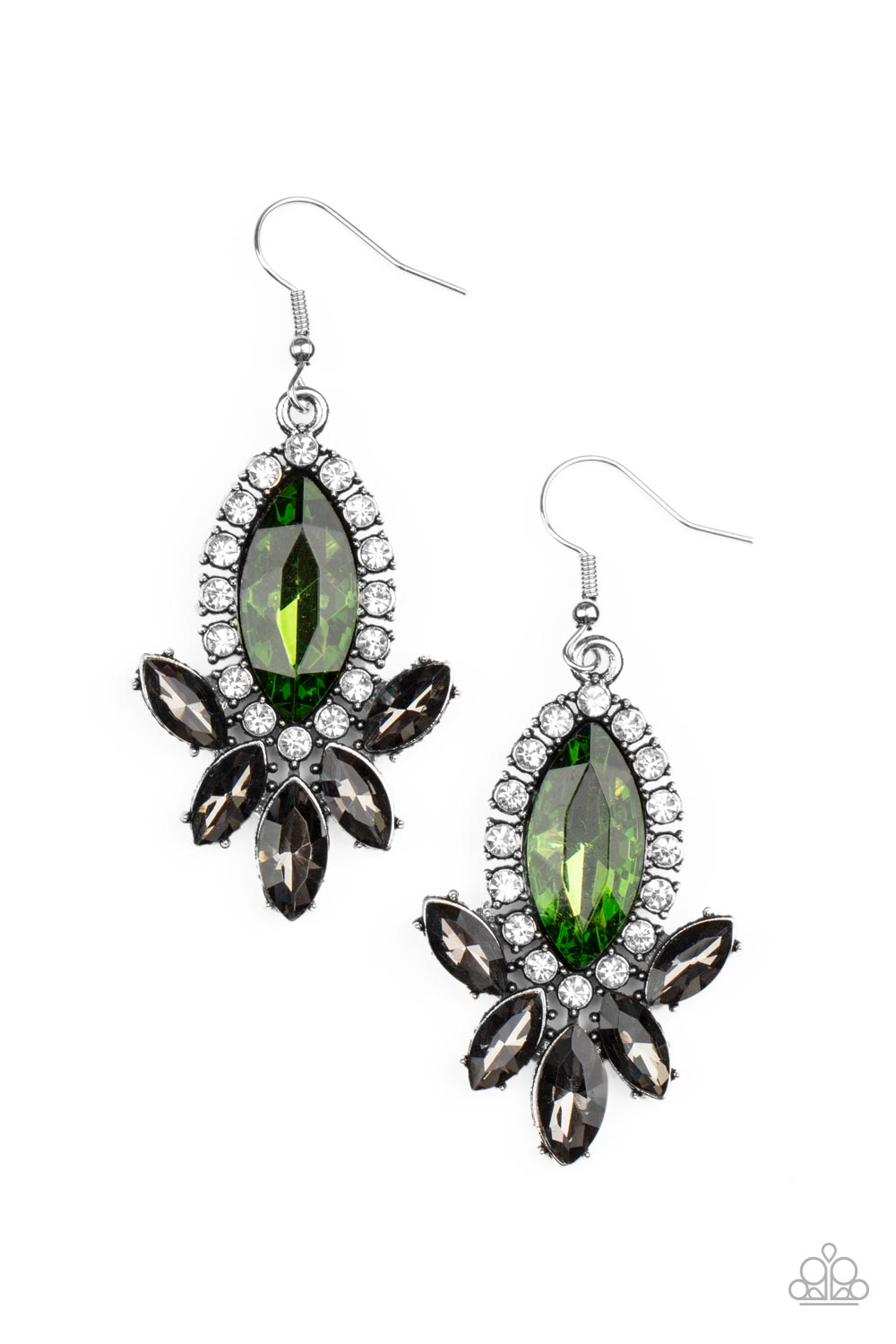 A fan of smoky marquise cut rhinestones flares out from the bottom of an oversized green marquise cut rhinestone that is bordered in dainty white rhinestones, resulting in a dramatically dazzling display. Earring attaches to a standard fishhook fitting.  Sold as one pair of earrings.