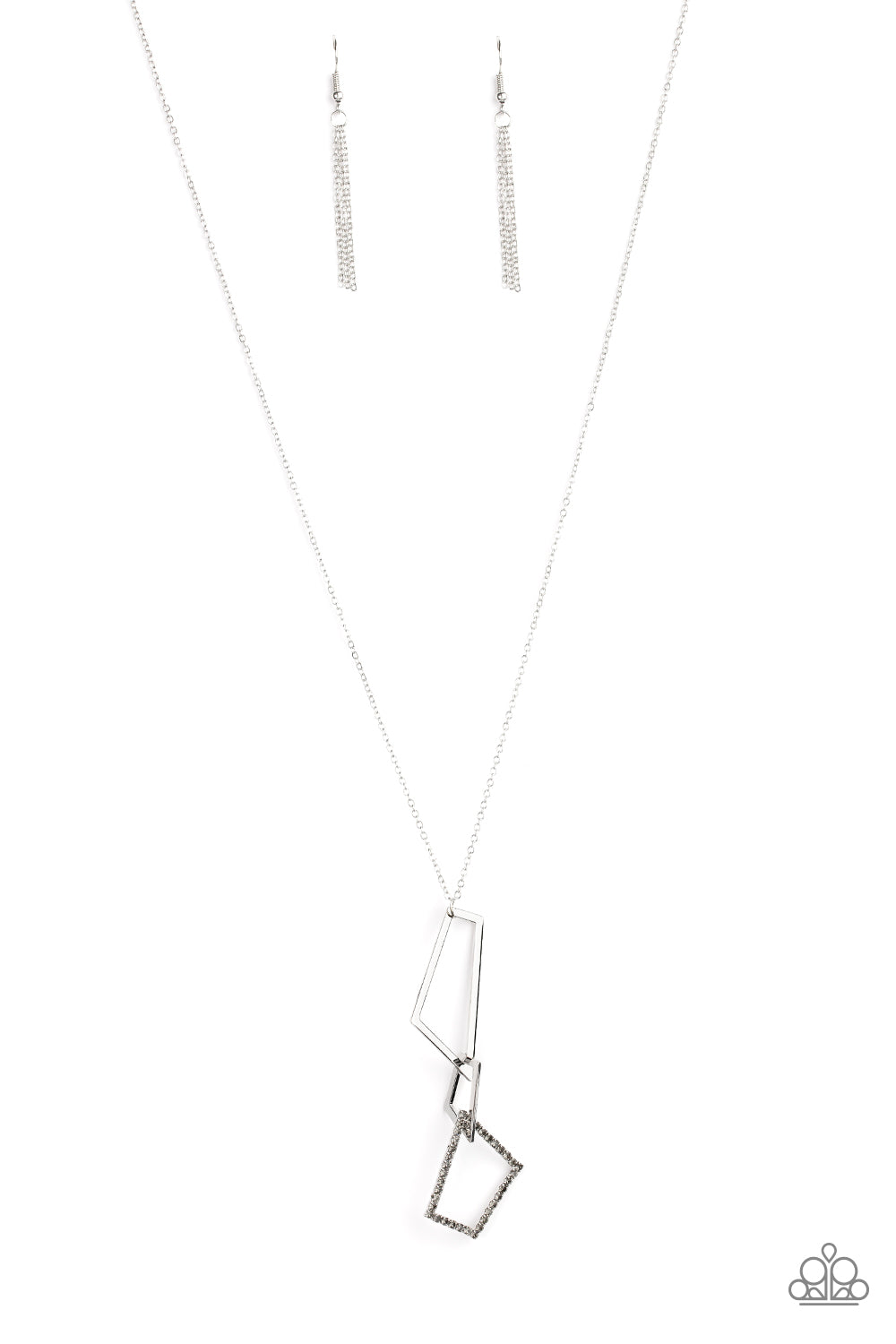 A mismatched collection of smoky rhinestone encrusted and silver trapezoid frames connect at the bottom of a lengthened silver chain, creating an abstract pendant. Features an adjustable clasp closure.  Sold as one individual necklace. Includes one pair of silver fringe earrings.