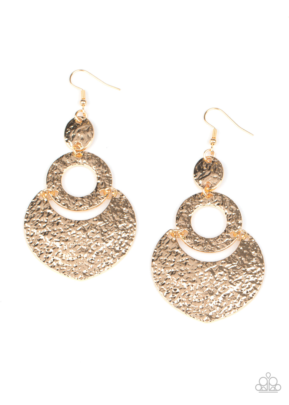 Hammered and embossed in shimmery textures, oval, hoop, and crescent gold frames link into a blinding lure. Earring attaches to a standard fishhook fitting.  Sold as one pair of earrings.