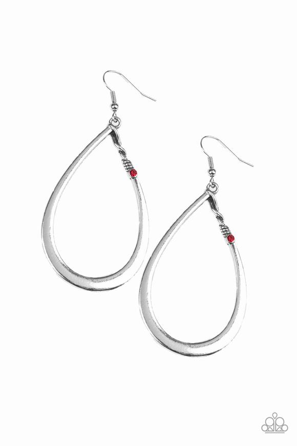 Dotted with a dainty red rhinestone, an ornate silver teardrop frame swings from the ear for a casual fashion. Earring attaches to a standard fishhook fitting.  Sold as one pair of earrings.