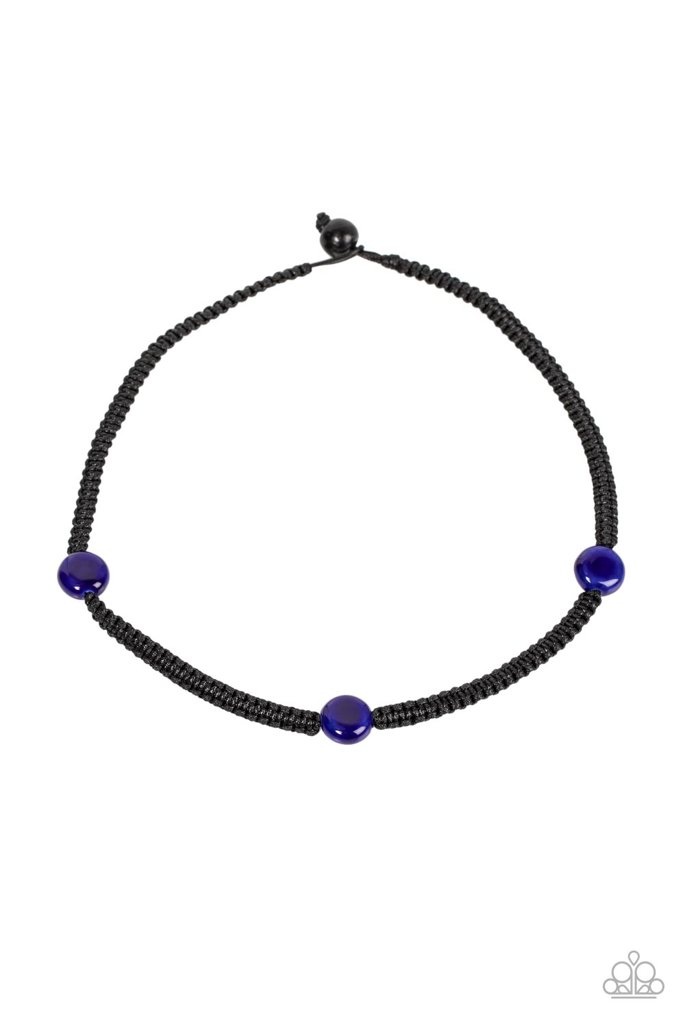 Glazed blue beads are knotted in place below the collar with braided black cording, creating a trendsetting urban look. Features a button loop closure.  Sold as one individual necklace.