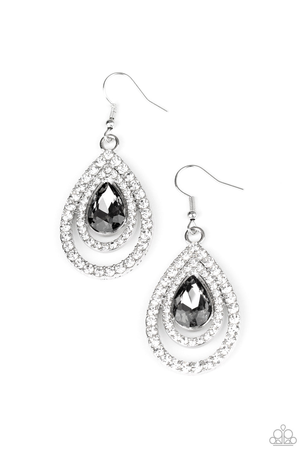 An oversized smoky teardrop gem is nestled inside two expansive teardrop frames encrusted in dainty white rhinestones, creating a rippling radiance. Earring attaches to a standard fishhook fitting.

Sold as one pair of earrings.