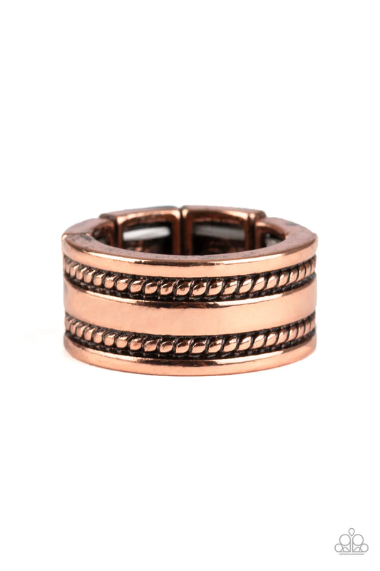 Featuring a double row of metallic rope-like patterns, a thick copper band curls around the finger for a rustic look. Features a stretchy band for a flexible fit.  Sold as one individual ring.